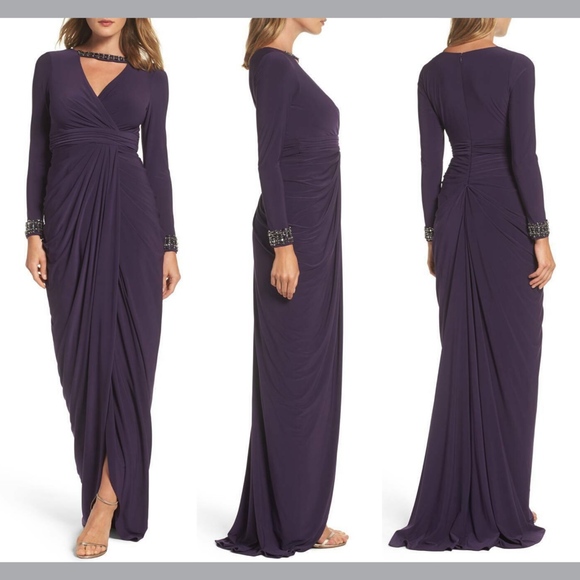 NWT Adrianna Papell Jersey Long Sleeve Gown in Aubergine‎ Purple [SZ 4 ] - Picture 1 of 11